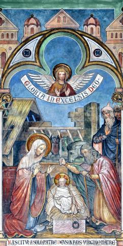 Die Geburt Jesu. Fresko im Hochchor des Bonner Münsters. August Martin, 19. Jhd. � Stadtdekanat Bonn Die Geburt Jesu. Fresko im Hochchor des Bonner Münsters. August Martin, 19. Jhd. � Stadtdekanat Bonn